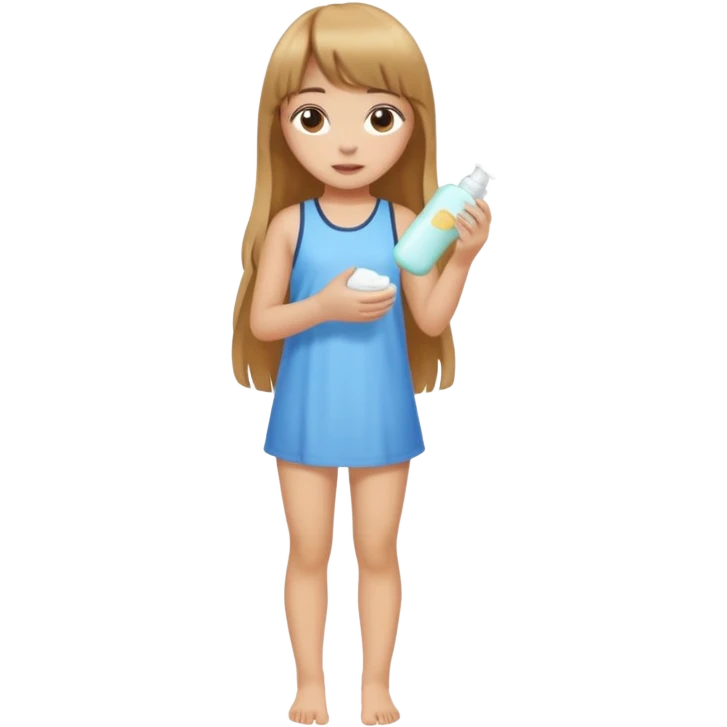 a girl with light skin and medium brown long hair with bangs who is applying lotion to her body show her whole body emoji