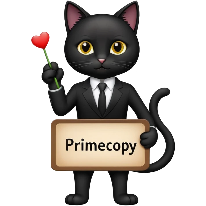 A black cat in a black business suit holds a sign with the inscription "PrimeCopy" in one paw emoji
