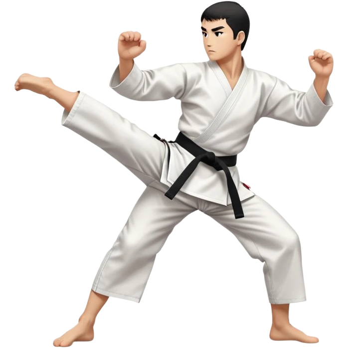A disciplined karateka in white gi and black belt, performing a mid-side kick pose, calm facial expression with focused eyes, minimal but powerful, traditional Japanese dojo feel emoji