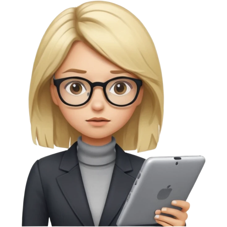 A cute blonde girl emoji in cartoon style as a professional presentation designer. She wears stylish glasses, a modern outfit like a chic blazer or turtleneck, and holds a digital tablet or stylus. She has a tired expression with messy hair. emoji
