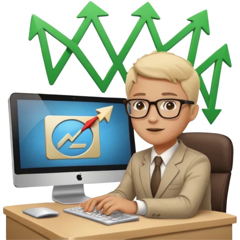 A person sitting at a desk working and looking at a computer with upward arrows and percentage signs, suggesting digital sales, marketing, or outreach. emoji