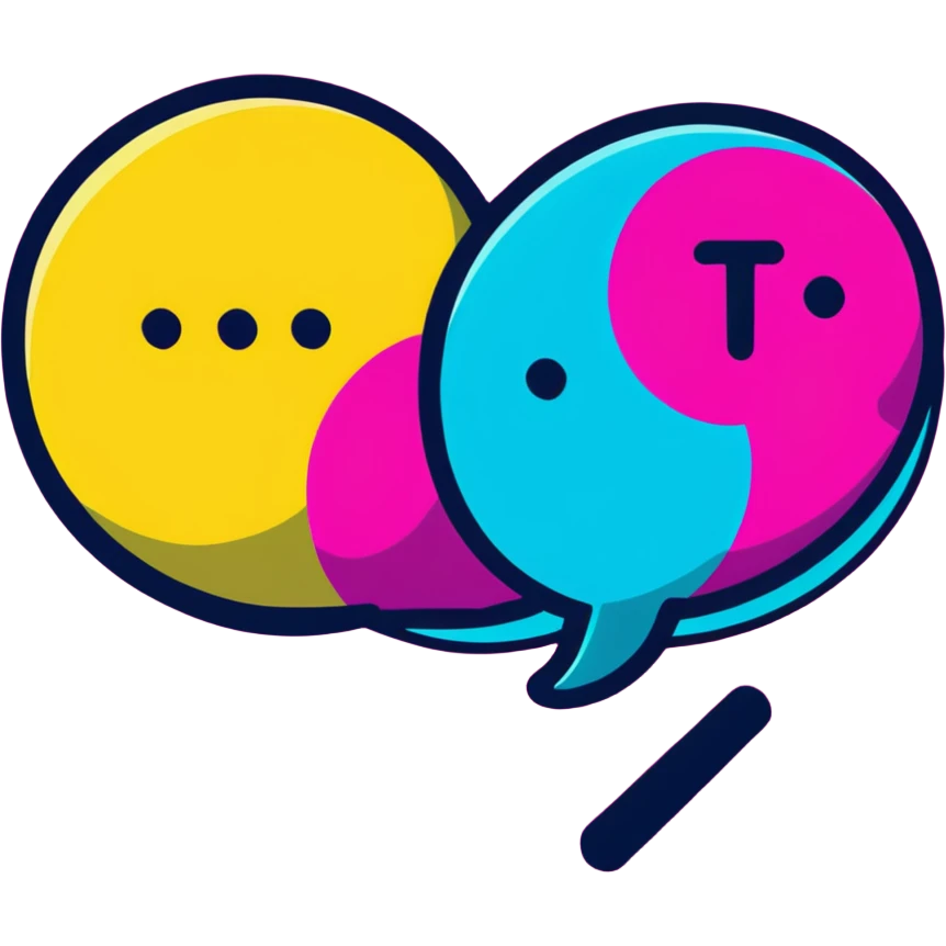 Minimalist sticker with white 'tt' letters on a black circle with cyan, magenta, and yellow dots below, speech bubble with street style influence emoji
