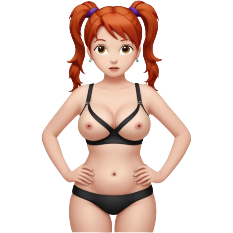 Naked red haired girl in pigtails with hands on hips and very big boobs with cleavage.  Her waist is thin and her hips are sexy.  She is completely naked and her legs are sexy emoji