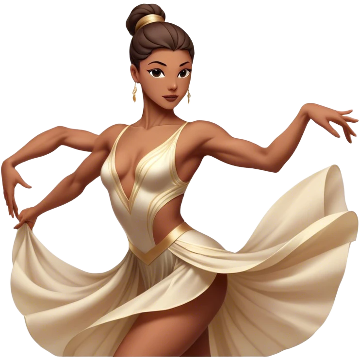 Cinematic Realistic Dance Poses, an elegant dancer mid-motion, muscles tensed with control, soft fabric of their attire flowing with movement, dramatic lighting highlighting the graceful lines, glowing with passion and poise. emoji