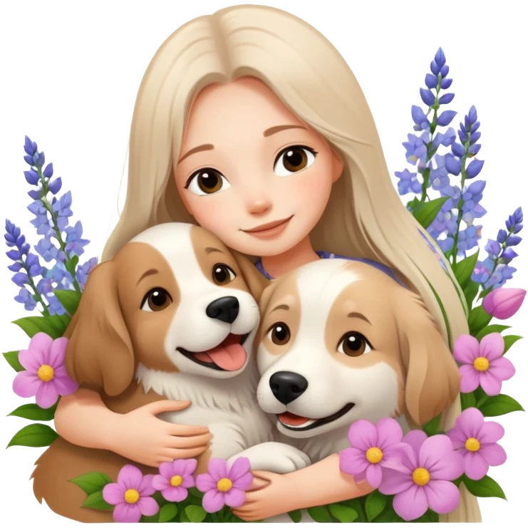 A beautiful girl with long straight hair happily hugs an Alaskan dog in the flowers emoji