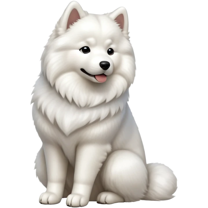 cinematic-[samoyed]-realistic-full-body-sitting-emoji,-tail-resting-loosely-beside-its-paws,-head-tilted-dramatically, -fluffy-[white]-fur,-simplified-yet-realistic-focused-features,-highly-detailed,-glowing-with-an-almost-sarcastic-glow emoji
