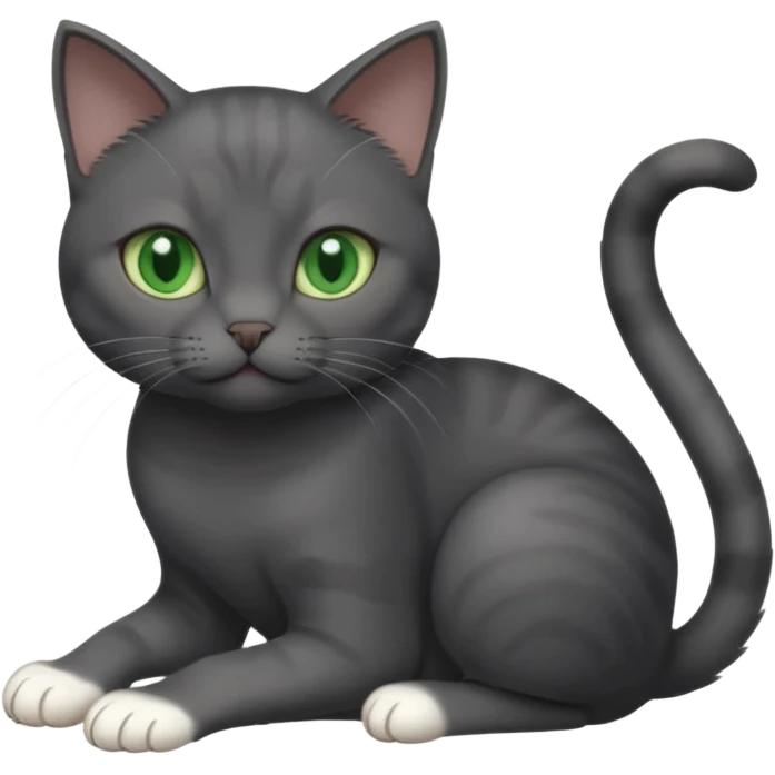 beautiful female solid dark grey cat with green eyes, white toes/paws and white patch on her chest playing emoji