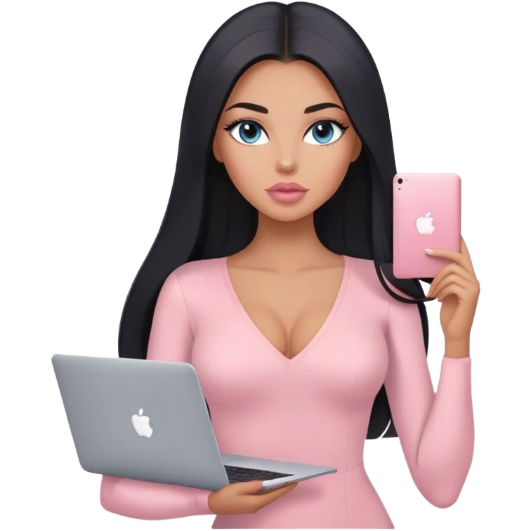 Glamours, tanned, very beautiful girl, with big pump peach-beige-rose lips, long lashes, black straight smooth silky long hair, straight parting hair, blue-grey eyes, in light-pink v-neck bodysuit holding MacBook emoji