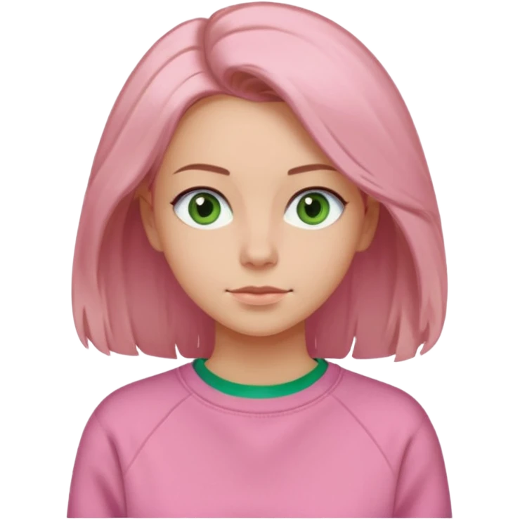  Una donna con una felpa semplice rosa, senza cappuccio,poi i capelli sono lunghi fino alle spalle marroni chiaro,gli occhi sono verdi  emoji
