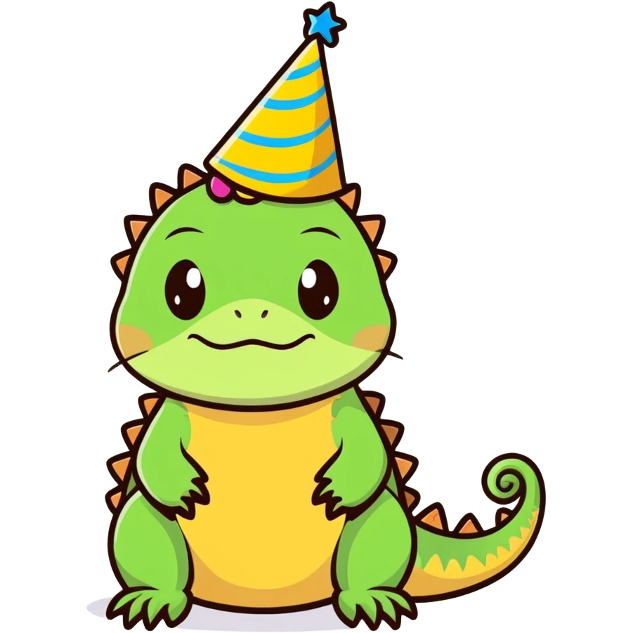 Grumpy bearded dragon with a birthday hat emoji