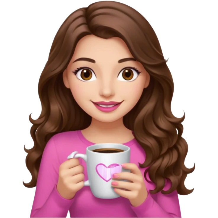 girl with long wavy brown hair, brown eyes, long lashes makeup, sexy pink lips, light to medium complexion, pink sexy top, with a coffee mug emoji
