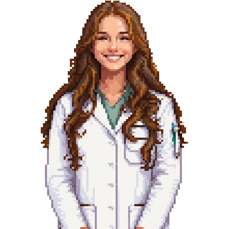 young woman, brown long wavy hair, medical white clothes, friendly, front view, smiling emoji