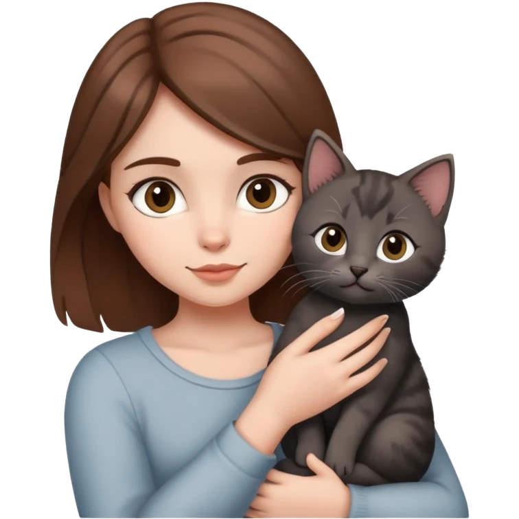 Girl with brown hair holding a grey and black kitten with love  emoji