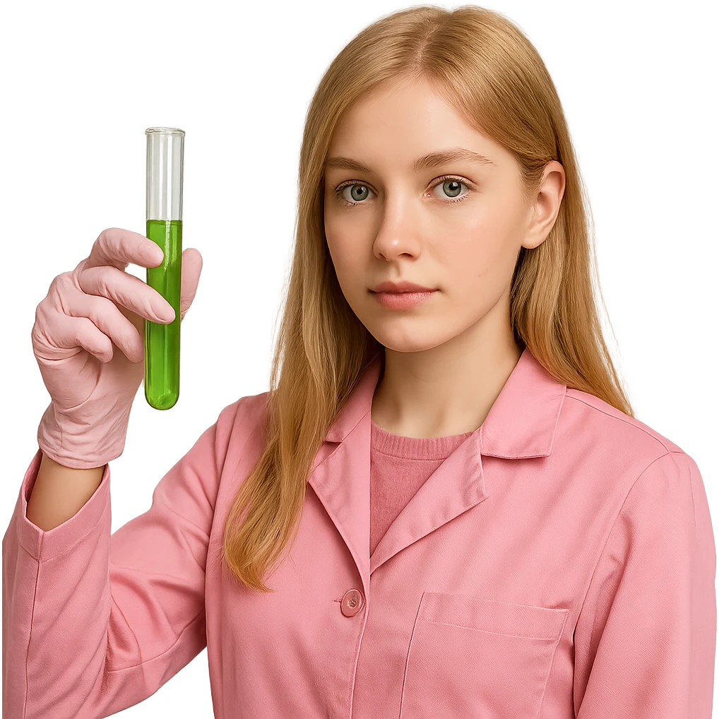 blonde girl with green-grey eyes, dressed in pink clothes, holding a test tube, chemist style emoji