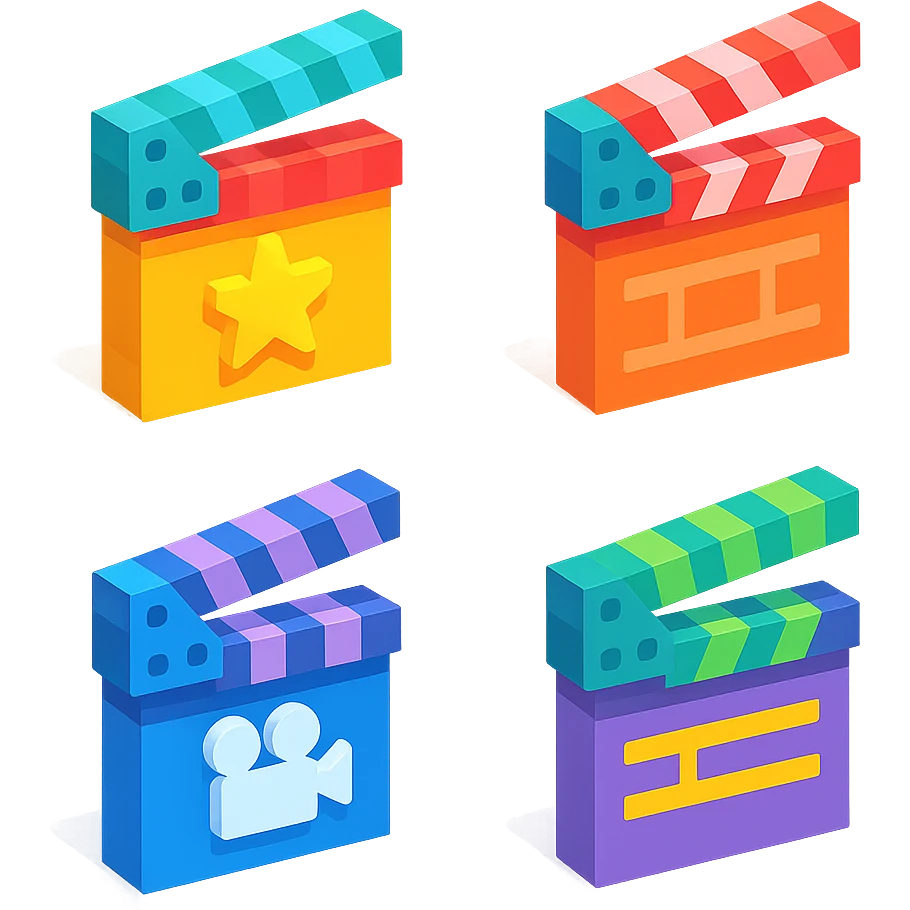 isometric view set of movie clapperboards in voxel style, various colors and patterns on lids, some with stars, stripes, or film icons emoji
