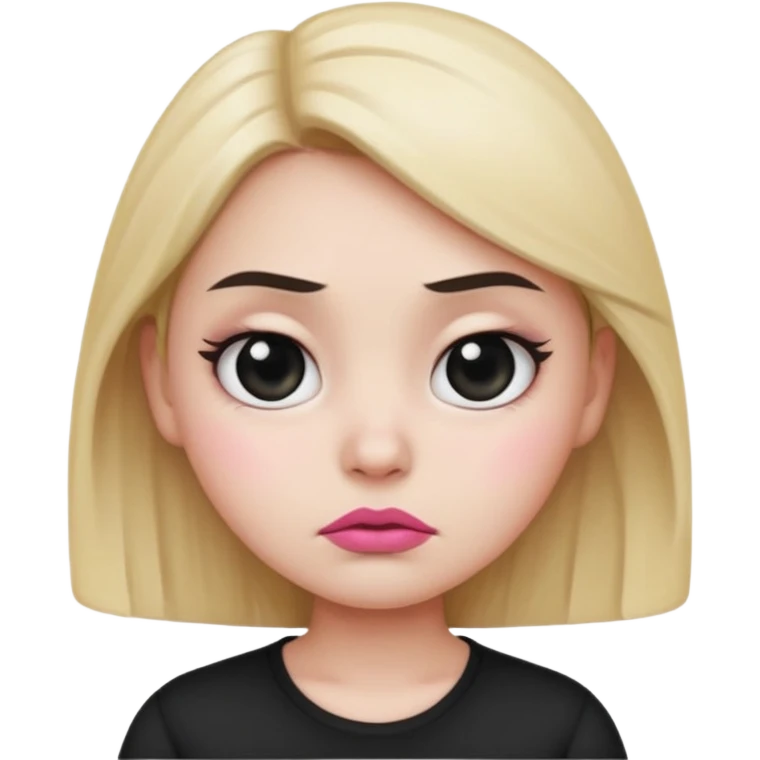  Girl emoji with round face, white skin, sharp eyebrows, frowning face, black shirt, pink lips, and big eyes  emoji