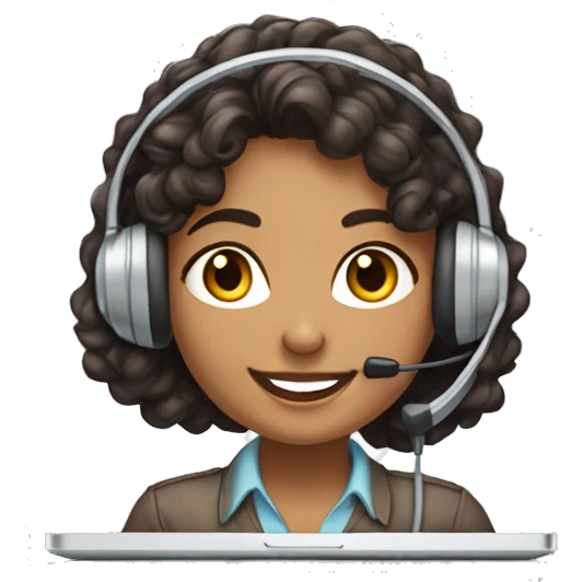 lightly brown indian call center girl with dark brown medium curly hair smiling and wearing a headset while working on a laptop from a quarter angle  emoji
