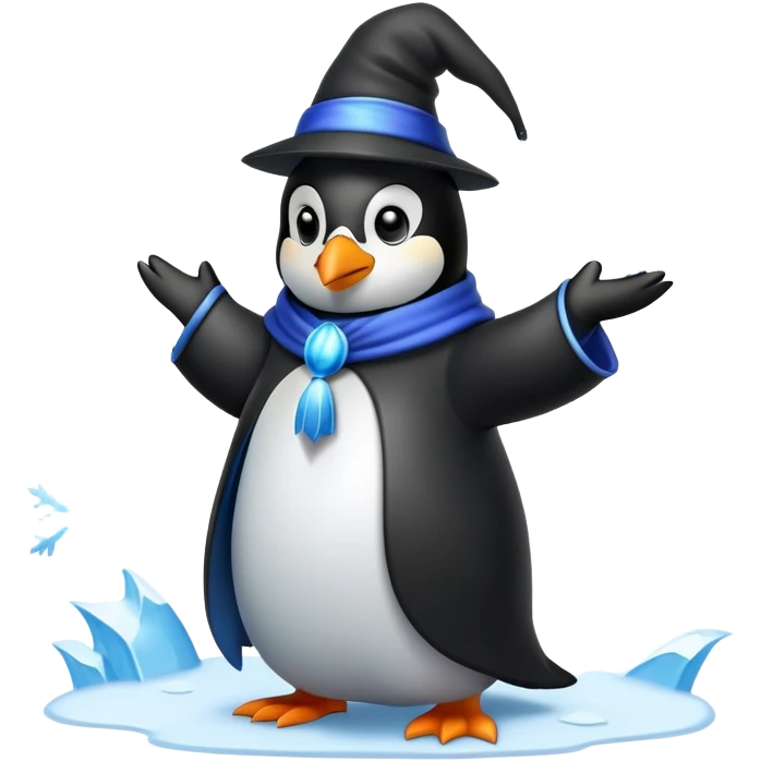 penguin wizard casting an ice spell with snowflakes and frost emoji