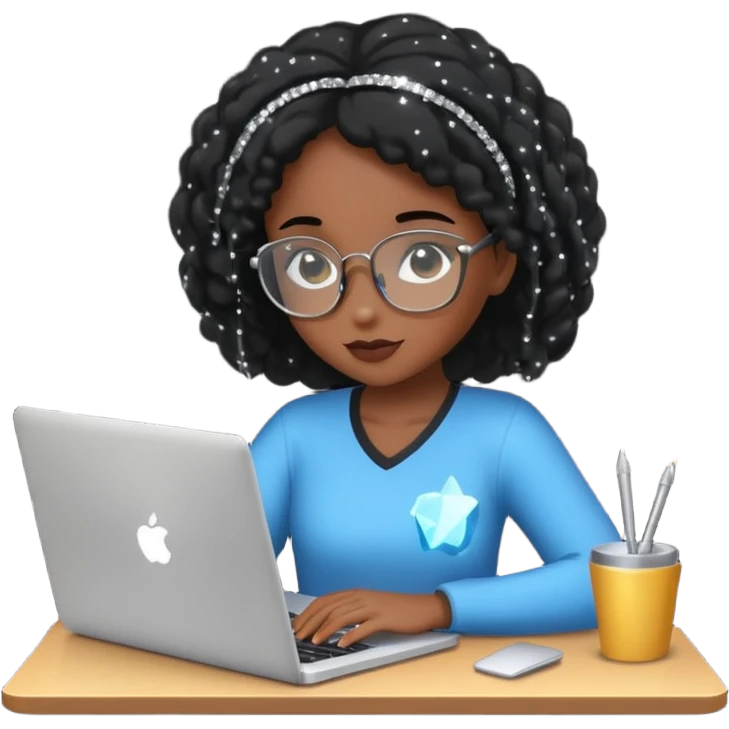 black pretty girl working hard with sparkles on laptop "Working hard ✨" spelled out in background emoji