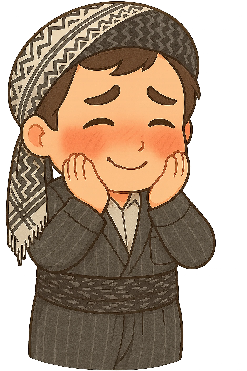 Cartoon sticker of a Kurdish man in the same clothes and scarf as the reference image, no changes to clothes or scarf. Face showing shy and embarrassed expression with red cheeks, looking down or to the side. Both hands on cheeks. Colorful and cheerful style, no shadows or color halos around the image, no text, suitable for WhatsApp and Instagram, with a fully transparent background. emoji