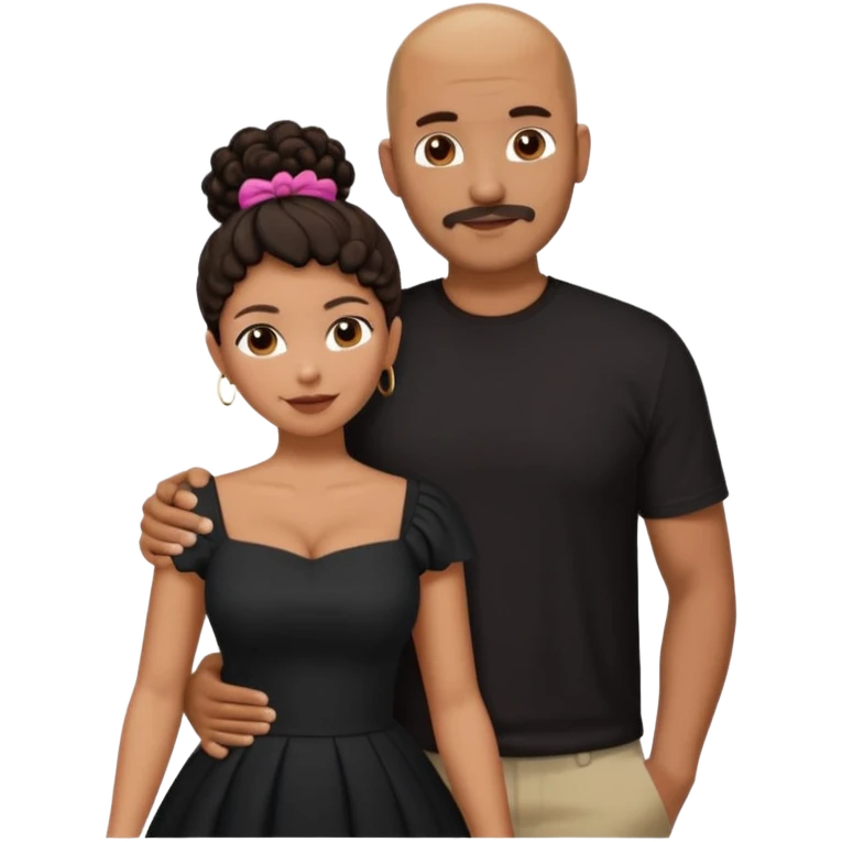 A picture of a tanned couple with the man's arm around her. the man is a Mexican man with tanned skin, a bald hair cut, short beard and wearing a black shirt. the woman is mixed, with curly dark brown hair in a big bun and with big boobs  emoji