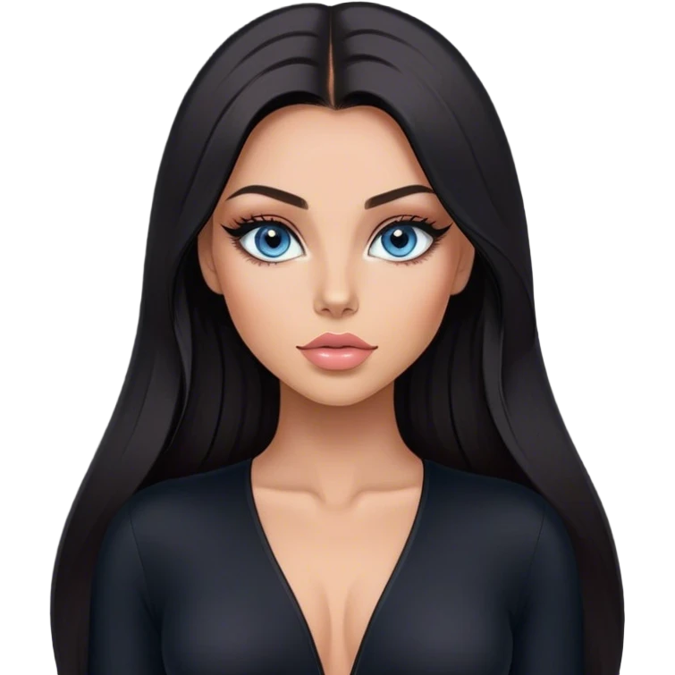Glamours make-up, tanned, beautiful, girl, with blue eyes, big pump peach-beige-rose lips, eyeliner, long lashes, black straight smooth silky long hair, parting hair in the middle,  in black v-neck bodysuit long sleeves emoji