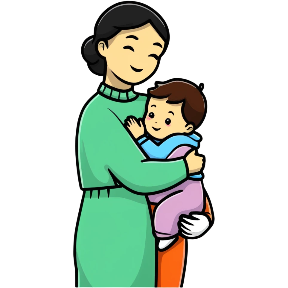 Mother and child hugging with love emoji