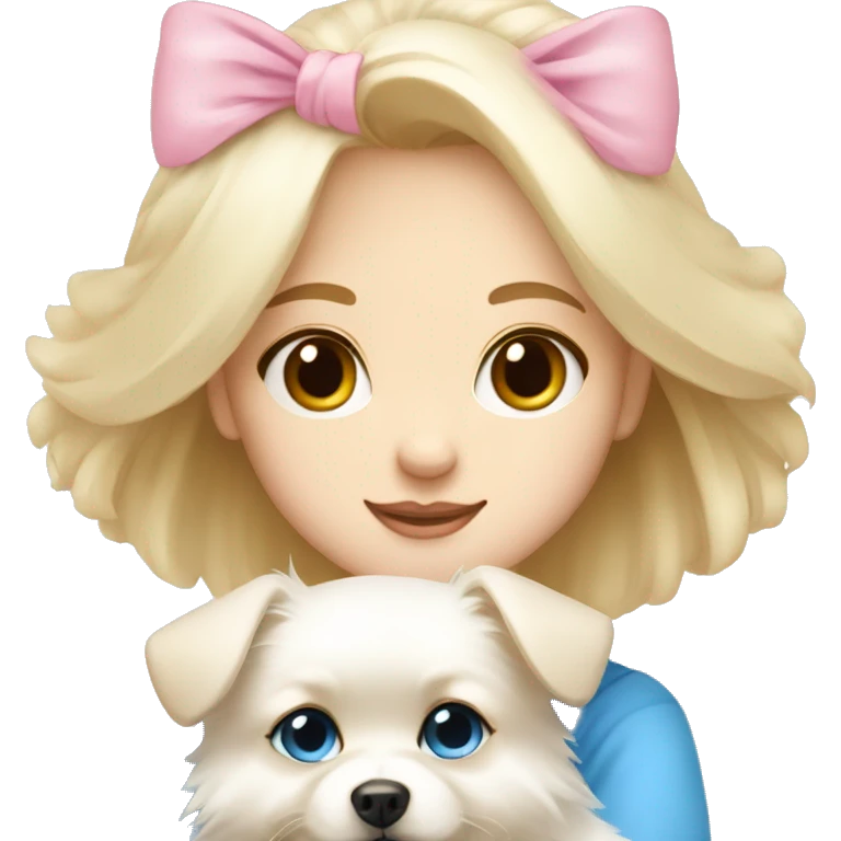 Blond girl white skin blue eyes hugging white Pomeranian with light pink bow emoji