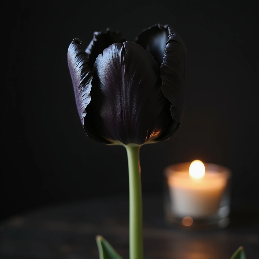 realistic goth tulip with black petals wilted with candle beside, photorealistic style emoji