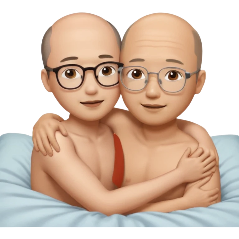 slightly balding asian man with glasses and asian woman no glasses naked in bed hugging emoji