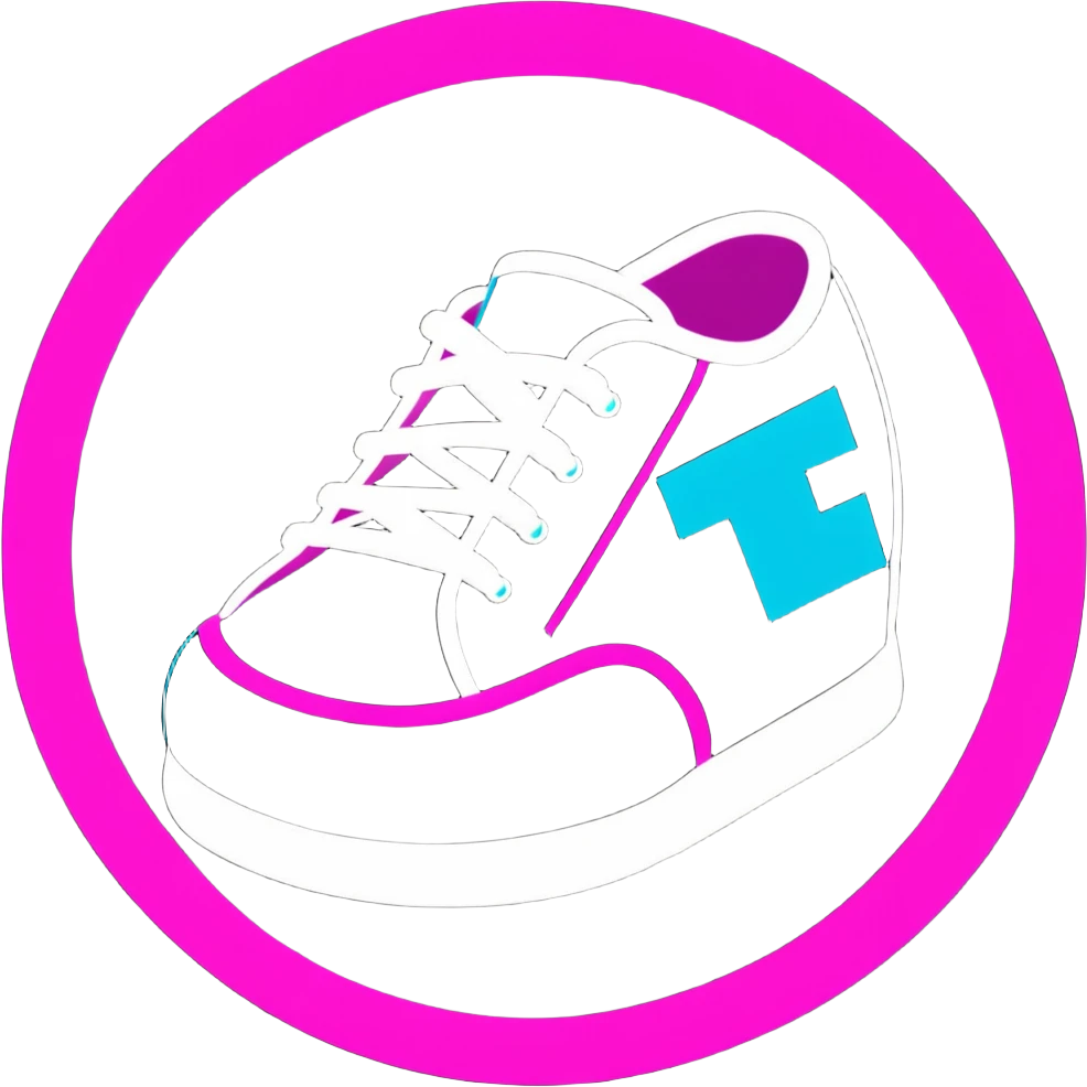 Minimalist sticker with white 'tt' letters on a black circle with cyan, magenta, and yellow dots below, sneaker with street style influence emoji