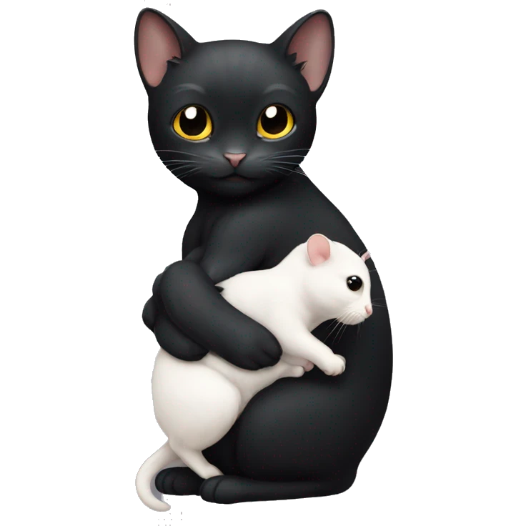 black Cat holding a white hamster in his arms emoji