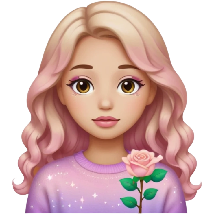 “Emoji girl, soft eyeliner, gradient rose lips, light brown shimmer eyeshadow, sparkly aegyo-sal, long wavy hair, cozy pastel sweater.” emoji