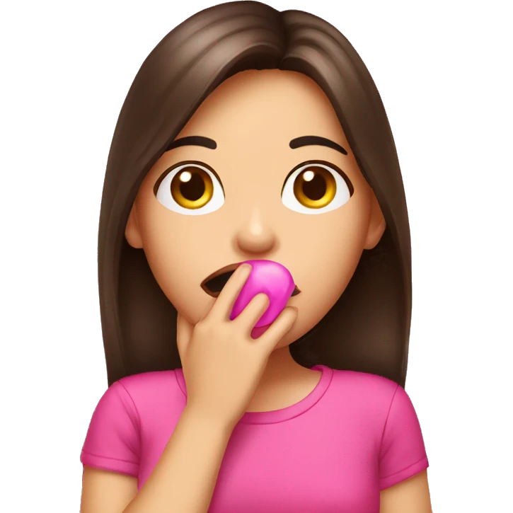 Giggly brunette girl hand on her mouth wearing pink emoji
