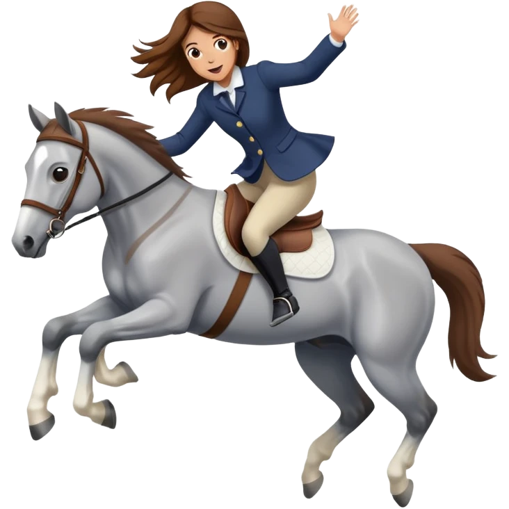 Girl with brown hair jumping a jump on a gray horse emoji