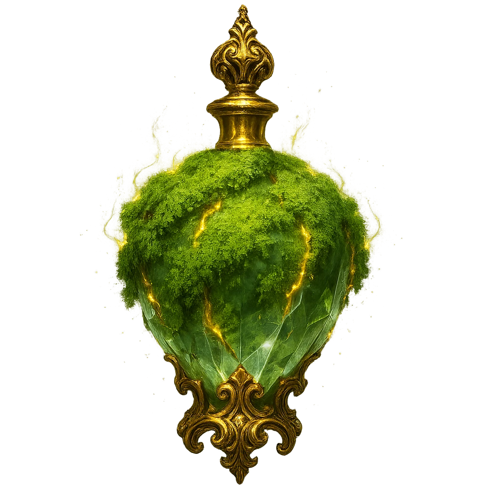 very luxurious crystal elixir bottle covered with living green moss, lots of glowing edges, ornate golden details, magical effects, very small golden neck, beautiful merging base, clearly floating in air, no base or shadow, premium class, natural, magical, fits collection, transparent background emoji