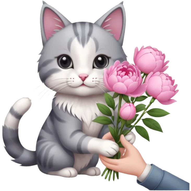 Cute cat Handing pink peonies like reaching a hand and handing them out a bouquet of them not a physical hand the cats hand  make the cat fluffy and grey and white  emoji