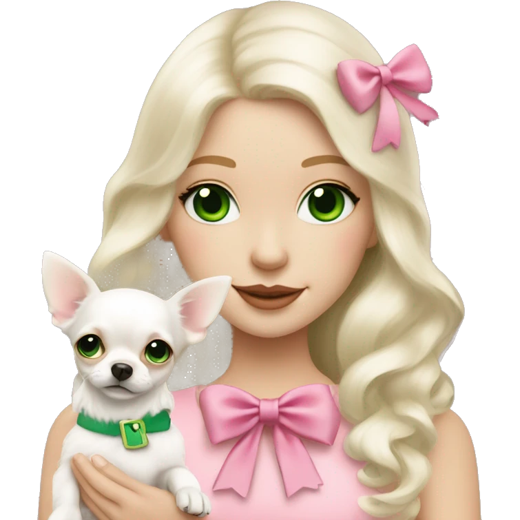 pale blond girl with wavy long platinum white hair with bright green eyes holding a white chihuahua that wearing a pink bow emoji