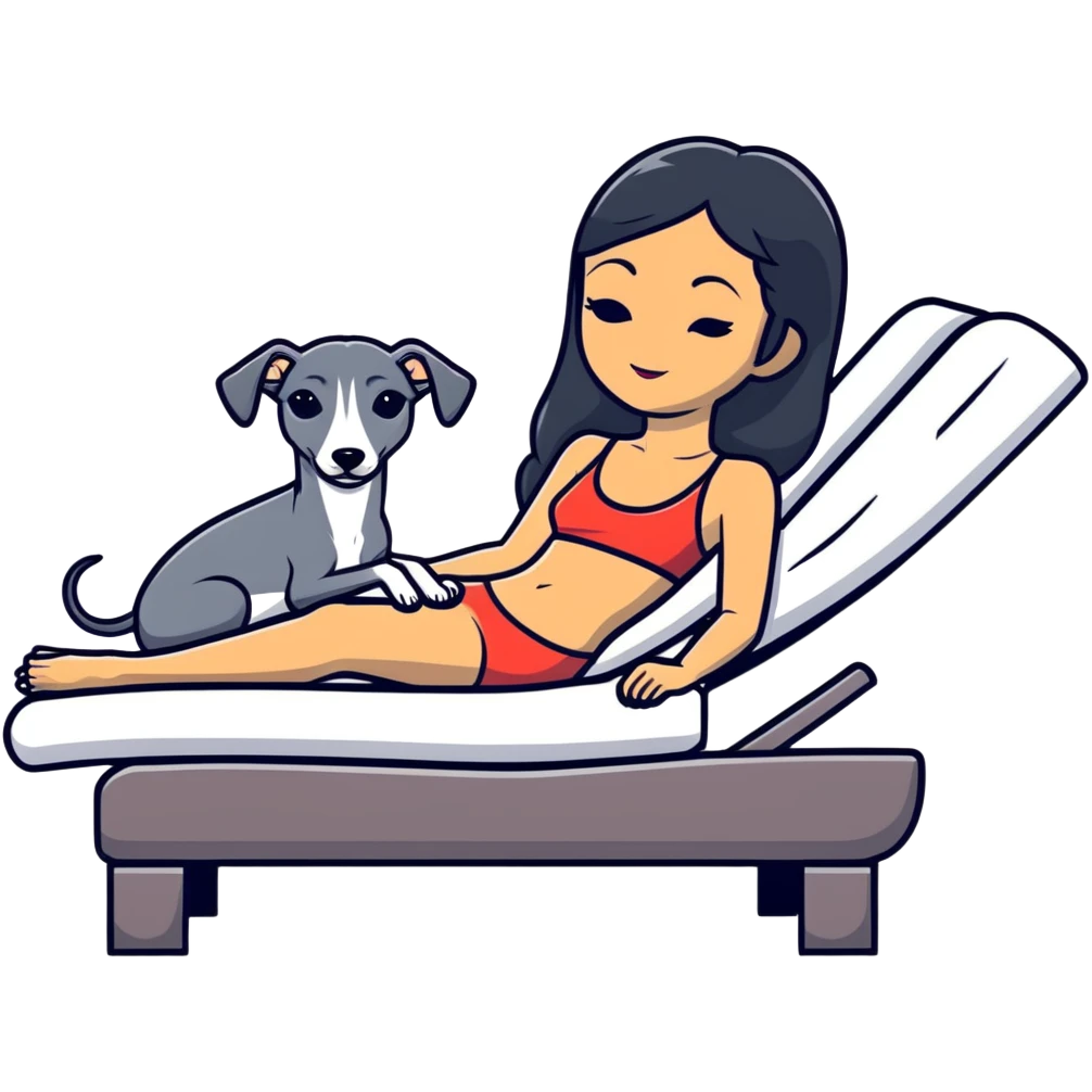 Very thin Chinese woman with long black hair relaxing on a spa lounger with exactly ONE Italian greyhound. CRITICAL REQUIREMENT: the dog must be ONE SOLID DARK CHARCOAL GREY COLOR from nose to tail with NO WHITE or LIGHT AREAS anywhere - NO white face, NO white muzzle, NO white chest, NO white paws, NO white tail tip - NOTHING BUT A SINGLE SHADE OF DARK GREY throughout the entire animal emoji