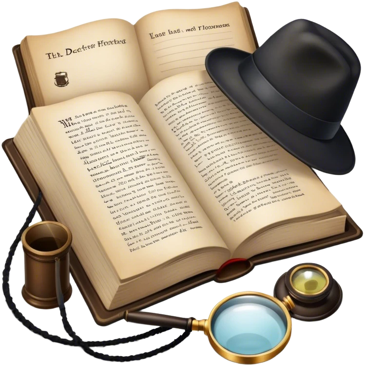 Icon for Detective Reading: an open book with text and a magnifying glass, a detective’s hat and a notebook with clues, surrounded by dark shadows and mysterious elements like footprints. Transparent background. emoji