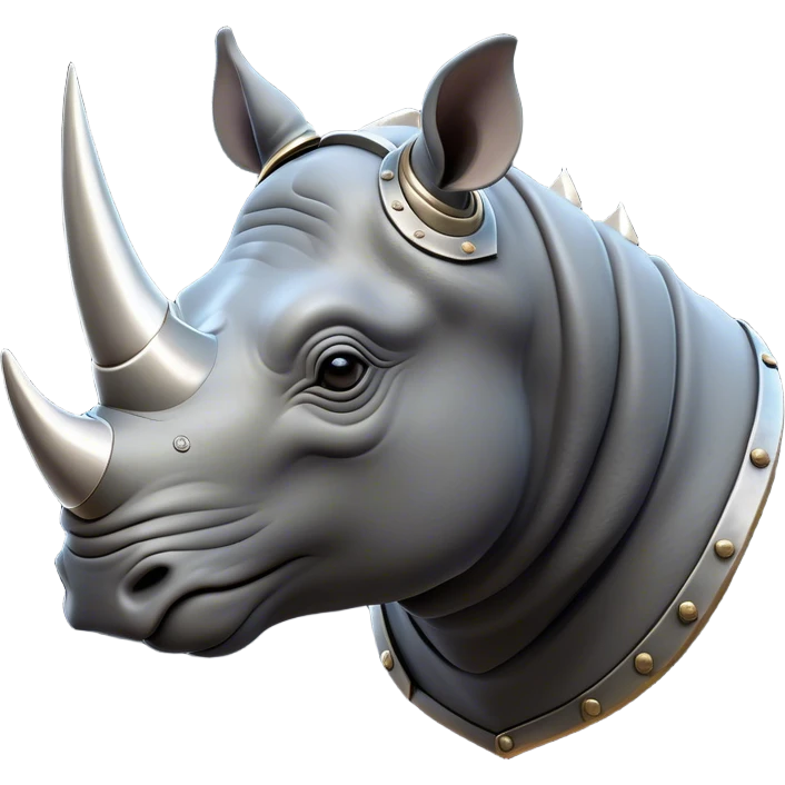 Cinematic Noble Rhinoceros Portrait Emoji, Poised and regal, with a massive, powerful build and a thick, armored hide of slate gray, accented by a prominent, striking white horn, deep-set soulful piercing eyes, Simplified yet sharp and sophisticated features, highly detailed, glowing with a soft, dignified glow, high shine, intelligent and formidable, stylized with an air of ancient might, focused and attentive, soft glowing outline, capturing the essence of a watchful and commanding behemoth, so majestic it feels as though it could charge out of the screen with effortless authority! emoji