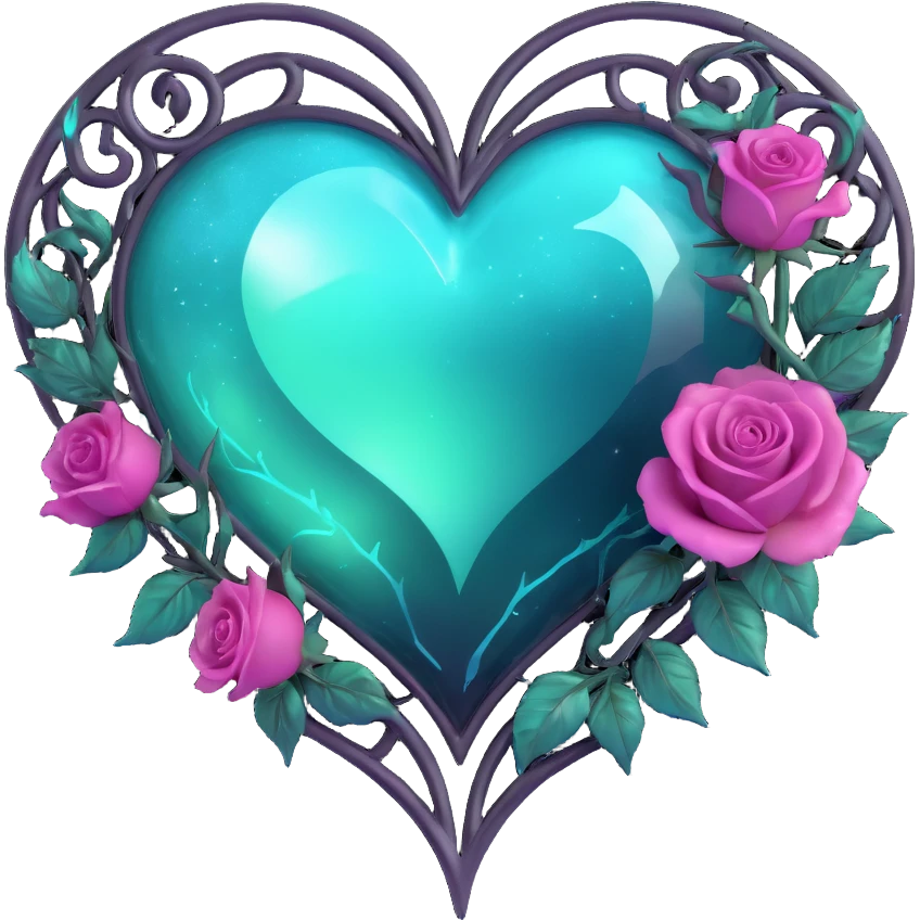 gothic heart made of aurora glass with a silver crescent moon, gradient roses, holographic stardust, neon teal lightning, splintered drenched glass emoji