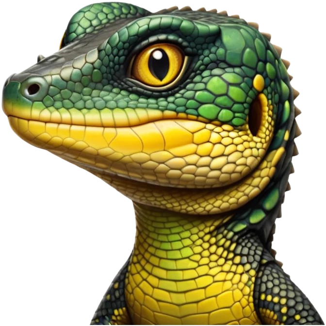 cinematic-realistic-cute-monitor-lizard-portrait-emoji,-head-tilted-playfully-and-inquisitively,-featuring-a-compact,-agile-body-with-finely-detailed,-glossy-scales-in-earthy-black and yellow-hues-and-a-distinct,-alert-face-with-bright,-curious-eyes, black , yellow spotted and green band  scales emoji