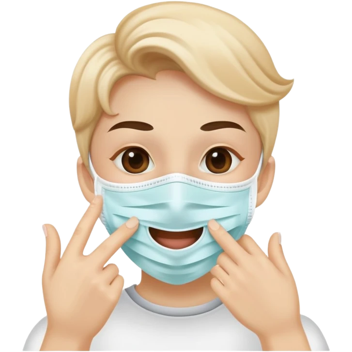 person with a mask, hand near mouth, showing good hygiene, cheerful emoji