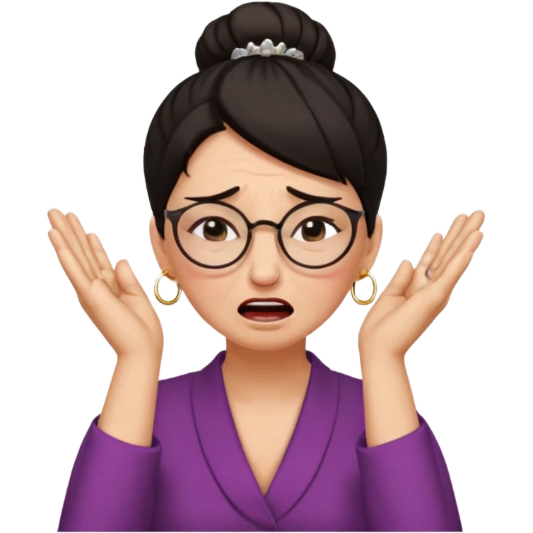  middle aged woman with dark hair pulled up in a high bun, wearing round ring earrings and glasses with a very painful expression on her face, eyes squeeed shut, wincing in pain,covering her ears with her hands, trying to not hear a terrible singer who is too loud and out of tune.  emoji