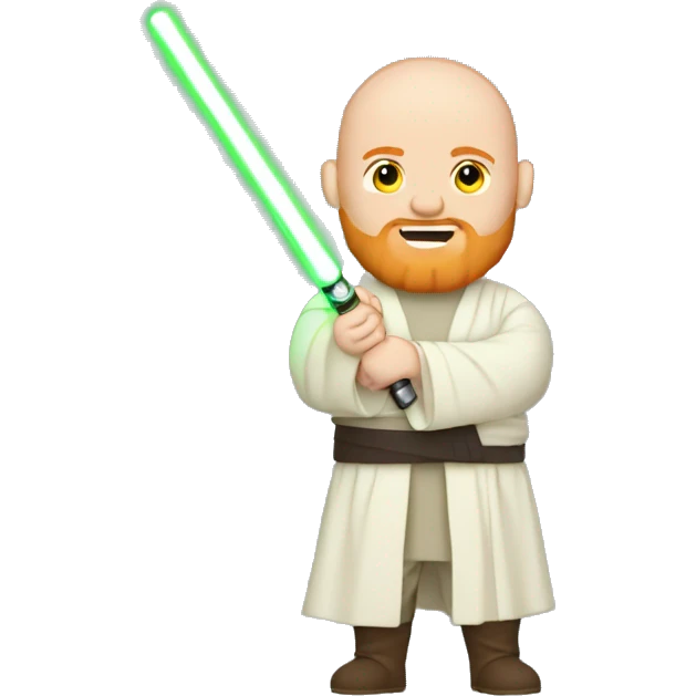 Full body Star Wars bald ginger bearded chubby man holding green light saber emoji