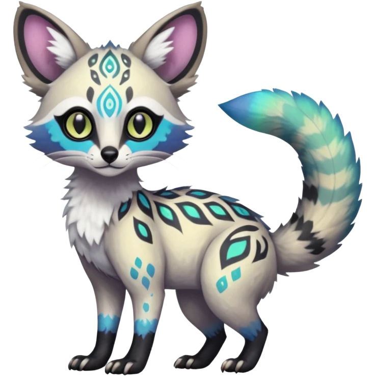 Rare iridescent white exotic epic aesthetic colorful Trico-Genet-species-Fakemon-hybrid-creature, with intricate tattoo markings, full body emoji