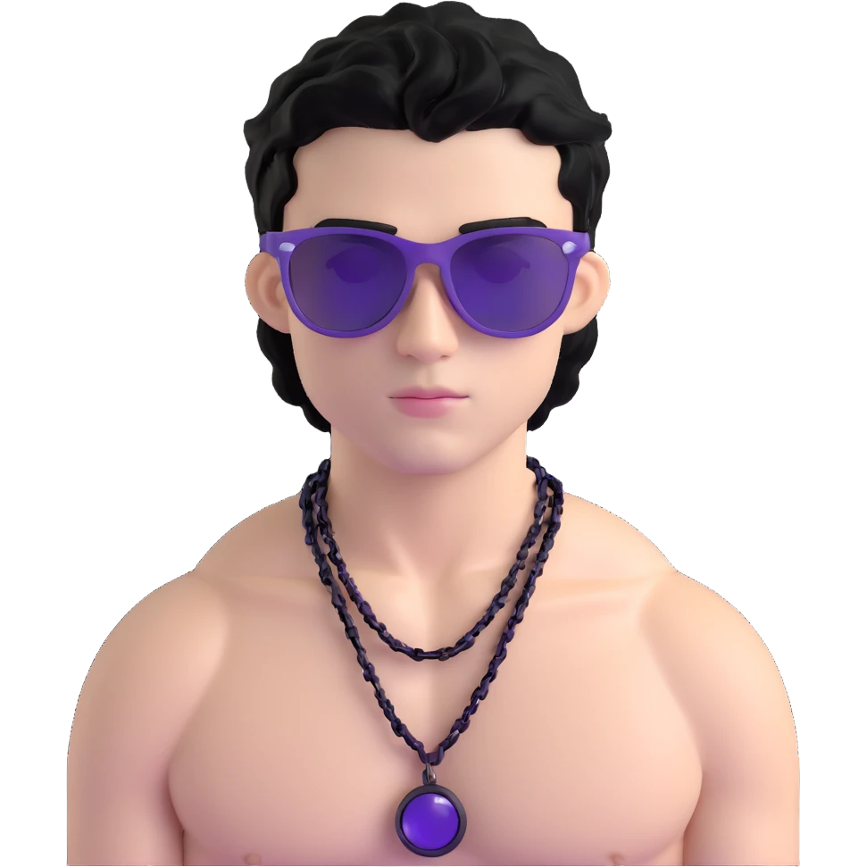 shirtless male athlete with white skin and moderately curly black hair on top with shaved sides, wearing purple sunglasses with very dark heavily tinted black lenses that completely hide the eyes, and a plain black chain necklace emoji