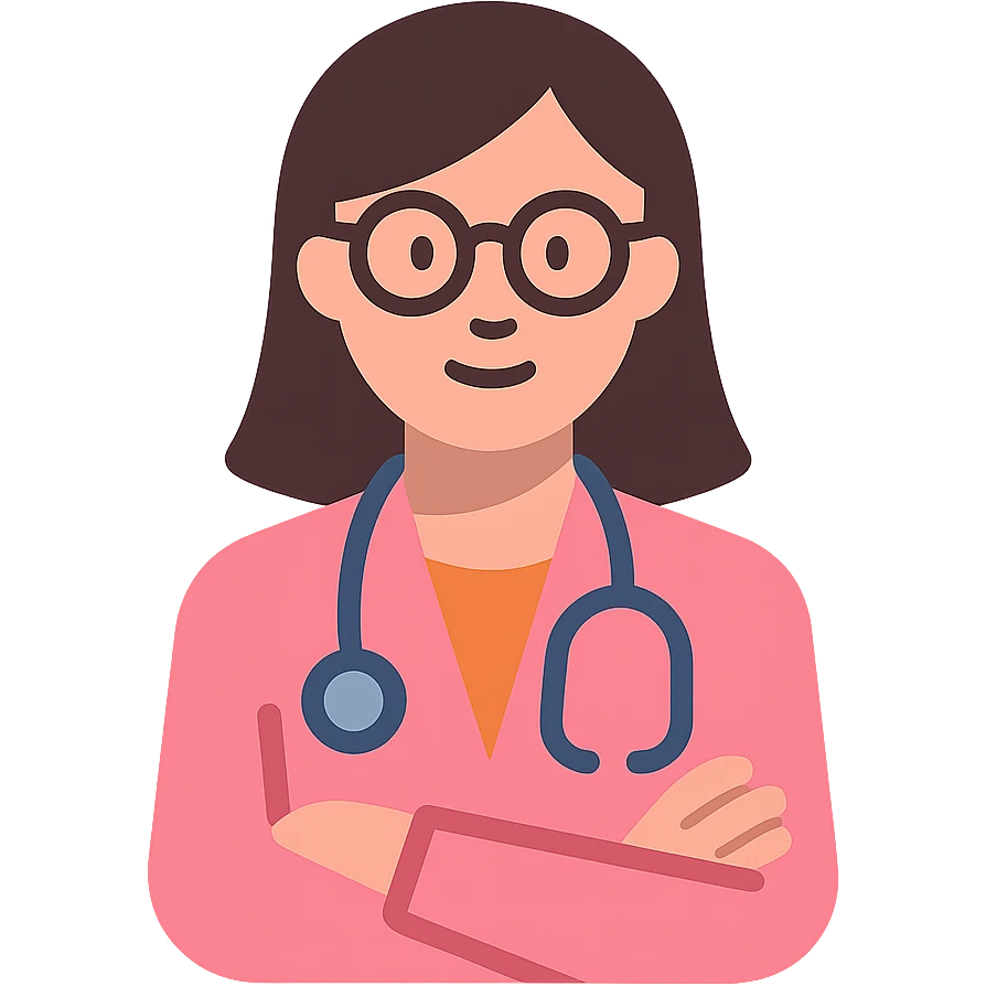 female physician in a pink lab coat, with glasses, confident pose, minimal background, flat color style emoji