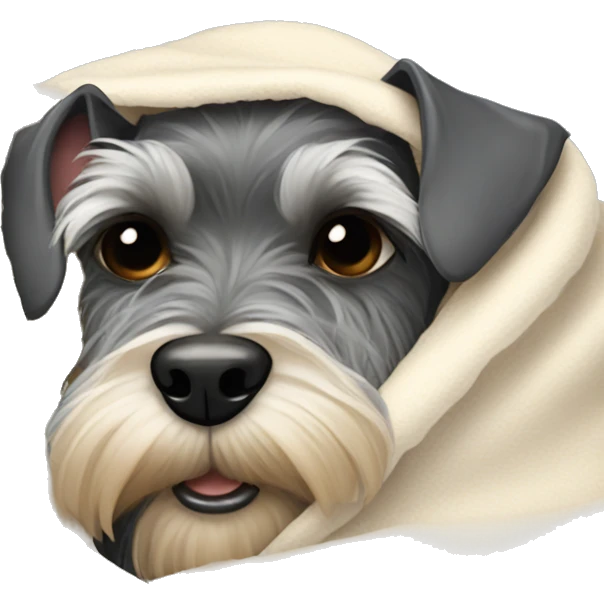 The miniature Schnauzer lies under a blanket emoji